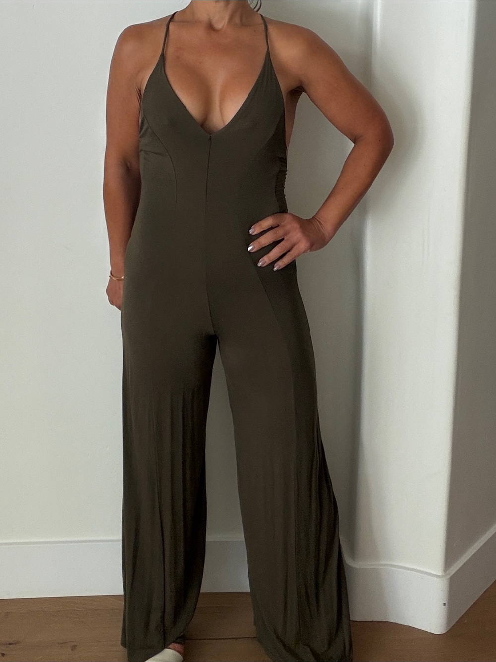 Women's Olive V-Neck Wide-Leg Jumpsuit